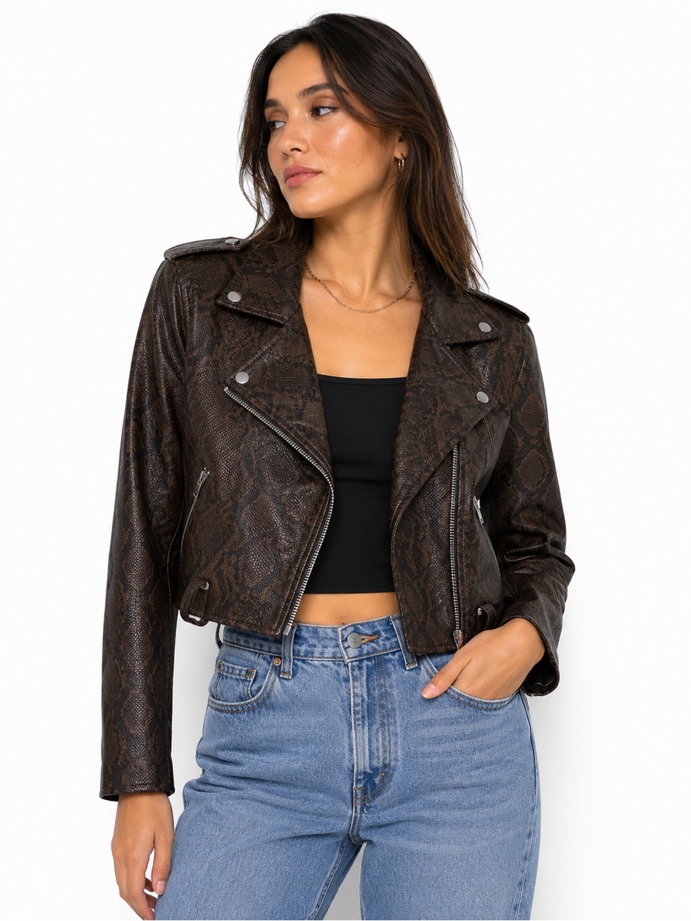Levi’s Brown Snake Print Faux Leather Moto Jacket Cropped Biker Y2K XS